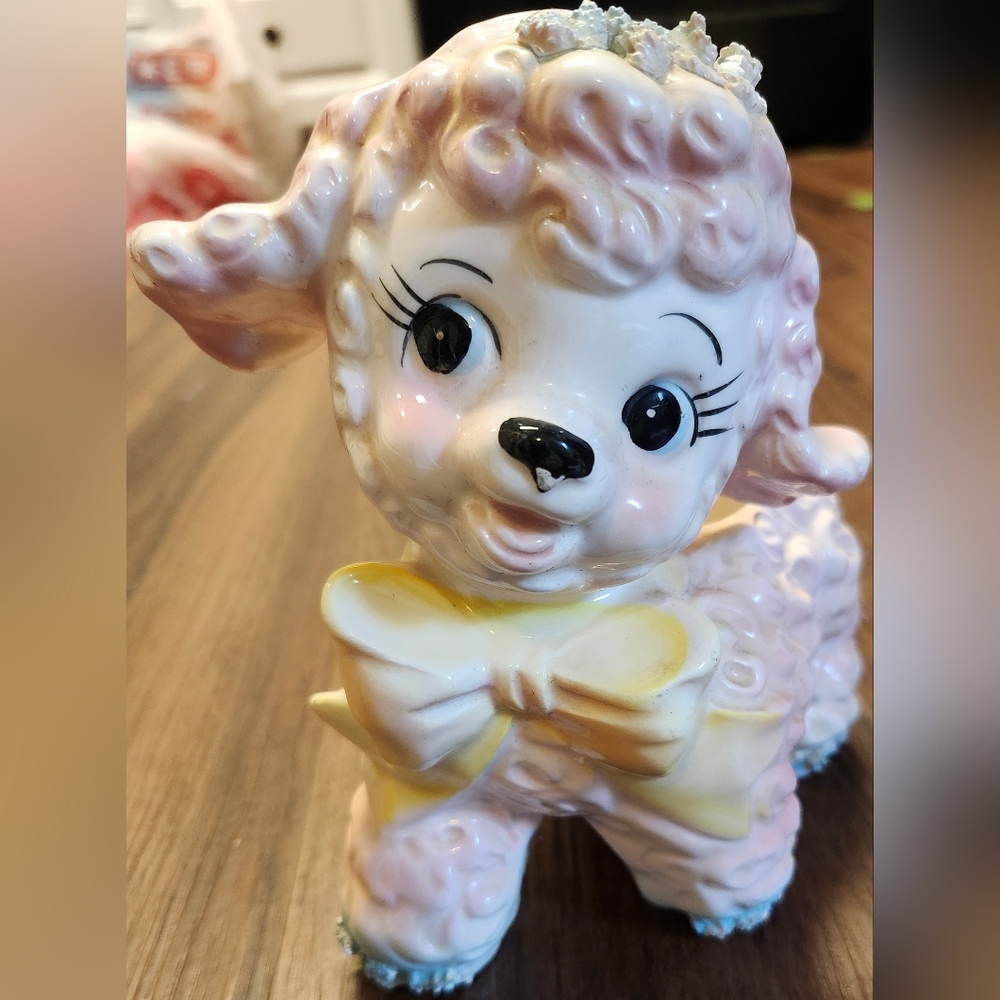 Vintage 1961 Relpo Samson Imports Pink Kitcshy  Nursery Lamb Planter